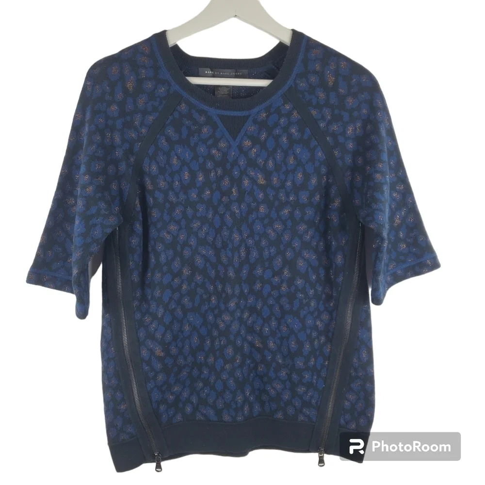 Marc by Marc‎ Jacobs Sasha Sweater Womens XS Black Blue Leopard Gold Metallic
